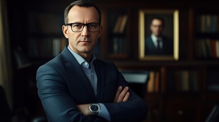 Confident handsome mature businessman professional financial advisor, executive leader, manager, male lawyer or man entrepreneur in glasses standing in office posing for headshot business portrait.