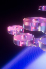  3D render of futuristic transparent discs with neon reflections