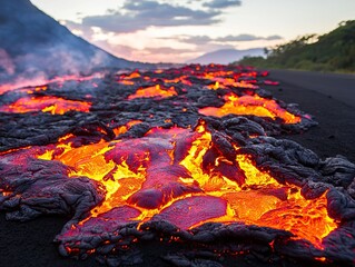 Fototapeta premium Volcanic eruption lava flow hawaii nature photography fiery landscape close-up natural phenomenon