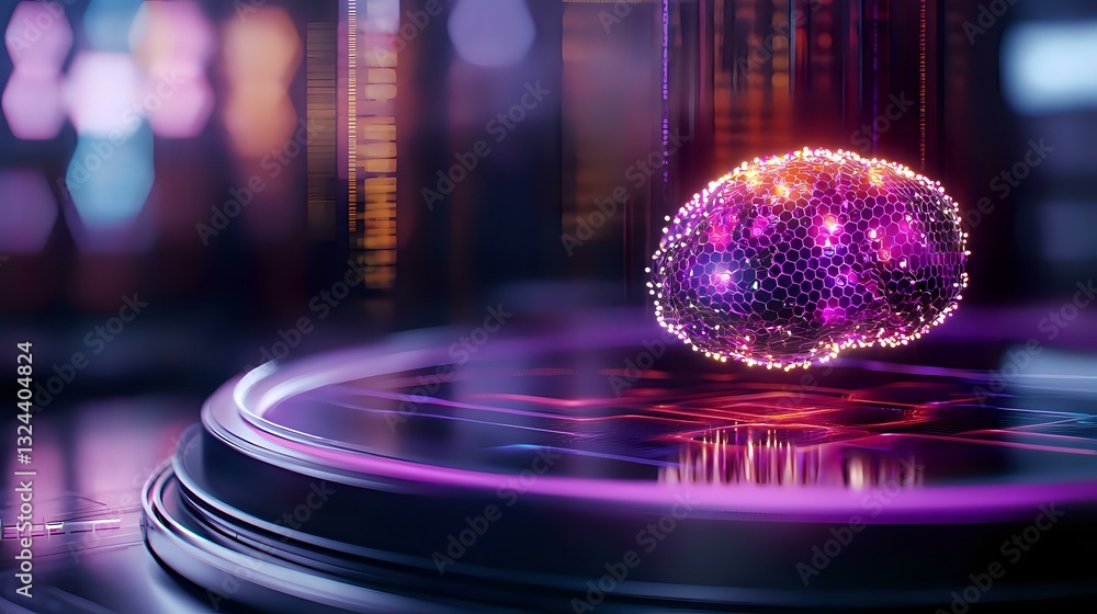 Poster glowing purple brain hologram floating above reflective surface with bokeh lights background, repres