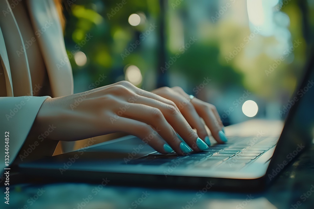 Poster female hands with turquoise manicure typing on laptop keyboard in soft evening light with bokeh effe