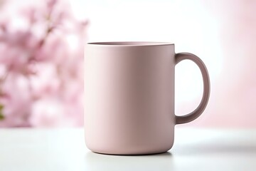 Obraz premium Minimalist pink ceramic mug on white surface against soft blurred floral background. Modern lifestyle product photography for branding and social media.