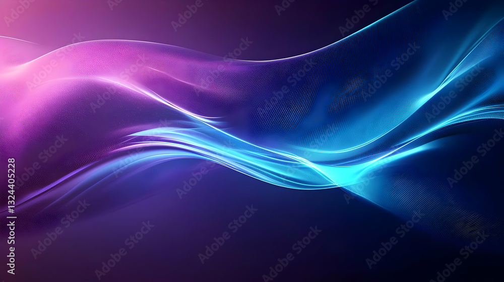 Poster abstract glowing waveform of blue and purple lights on dark background with particle effects