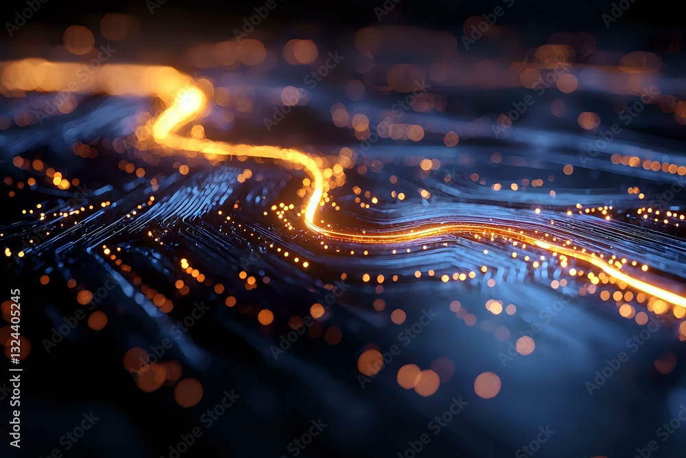 Poster glowing curved light path on dark background with bokeh effect creates futuristic technology concept