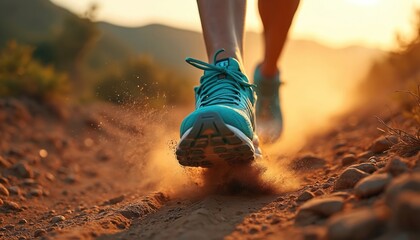 Trail runner sports shoe swiftly runs on dusty path showing determination, speed. Foot in motion kicking up dirt. Active lifestyle, extreme endurance sport, jogging and physical exercise at sunset.
