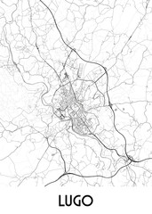 This is a detailed black and white map of Lugo, a city in Spain. The map showcases the city's intricate network of roads, streets, and waterways.