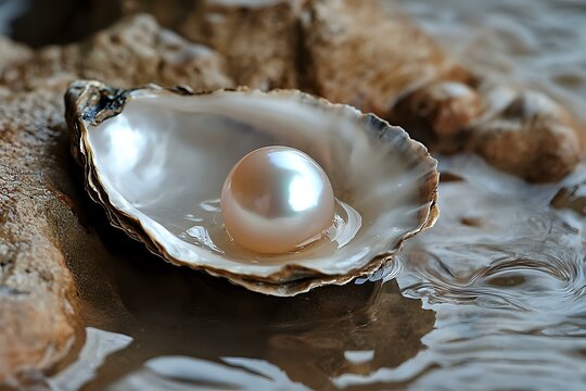 Single pearl in opened oyster shell with shiny mother of pearl surface and water droplets, luxury jewelry concept for cosmetics and beauty industry.