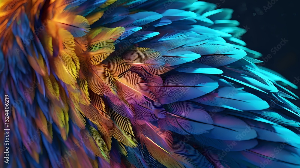 Poster vibrant feathers in turquoise blue, purple and gold create abstract macro pattern on dark background