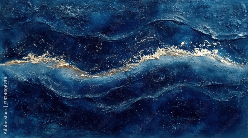 Poster abstract oceanic texture with wave patterns and deep blue hues in mixed media art