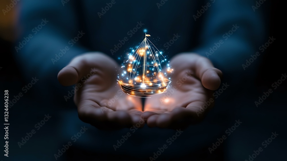 Poster magical glowing sailing boat miniature floating above cupped hands in dark background, creating drea