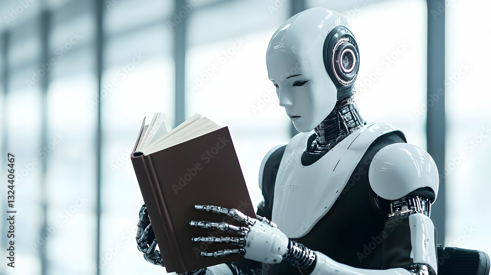 Poster white humanoid robot reading a brown book in a bright modern interior with blurred background a 3d r