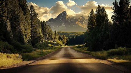 Vertical composition highlights the road stretching towards the mountains.