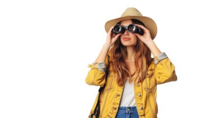 Tourist looking through binoculars on transparent background
