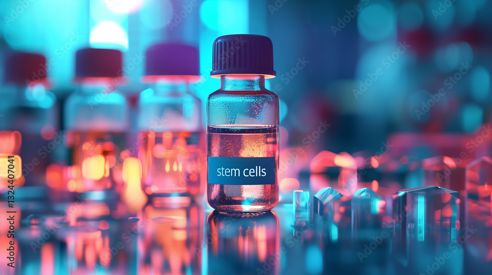 Aufkleber This Vials labeled stem cells are illuminated by colorful lab lights, showcasing advanced research.