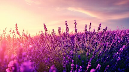 Naklejka premium Lavender flowers growing in a field during a beautiful sunset, creating a warm golden light