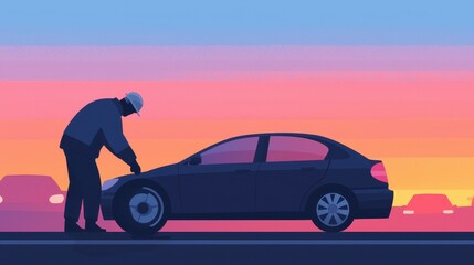 Changing a Flat Tire on the Side of a Busy Highway During a Colorful Sunset Scene