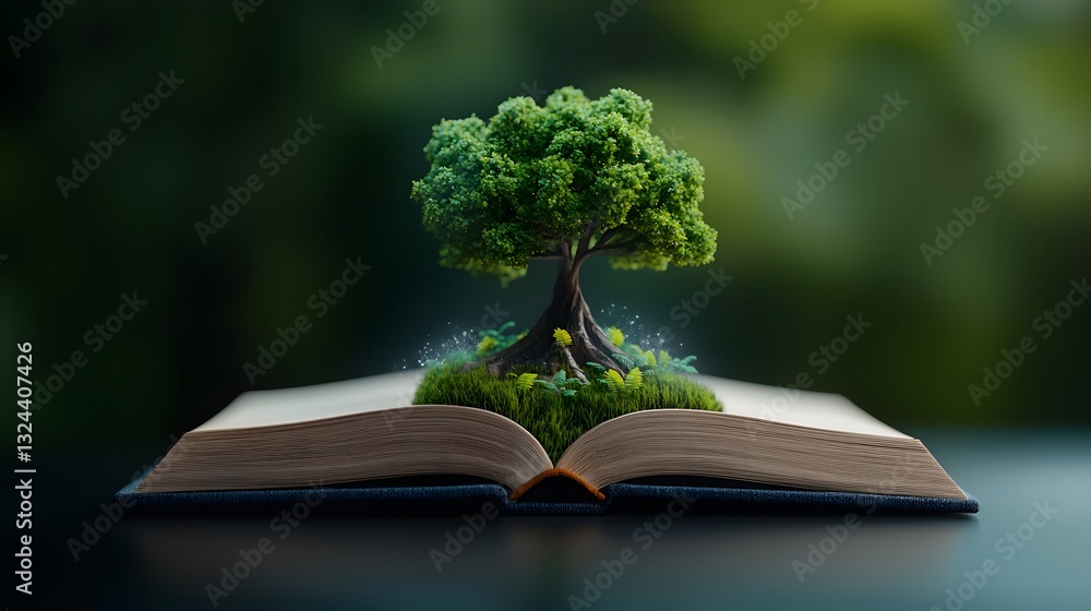 Poster surreal and whimsical digital depicting an open book with a flourishing tree and lush foliage emergi