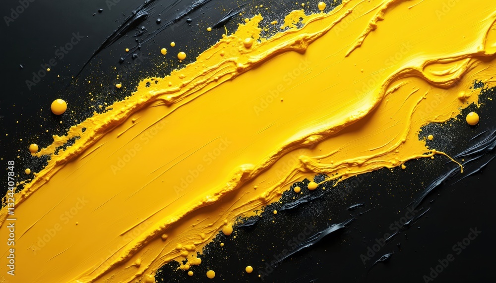 Poster vibrant yellow paint stroke dominates black canvas backdrop. colors contrast art modern. splashes, d