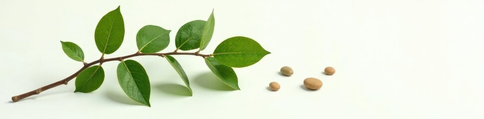 Obraz premium Isolated leafy branch with small twigs and pebbles on a plain background, leaves, branch, natural fiber