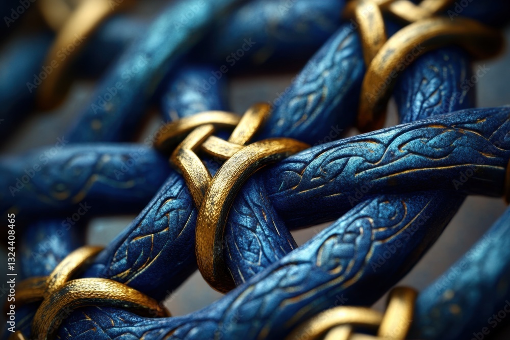 Poster this photo captures a detailed closeup of a blue and gold chain emphasizing its intricate design and