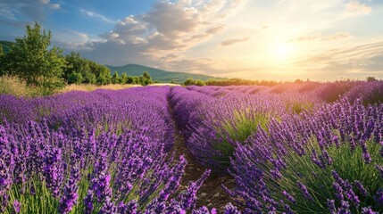 Fototapeta premium Stunning purple lavender field in provence at sunrise, creating a picturesque landscape with a mountain range in the background
