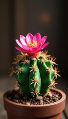 Isolated Mammillaria schiedeana on wooden background, cactus, plant details