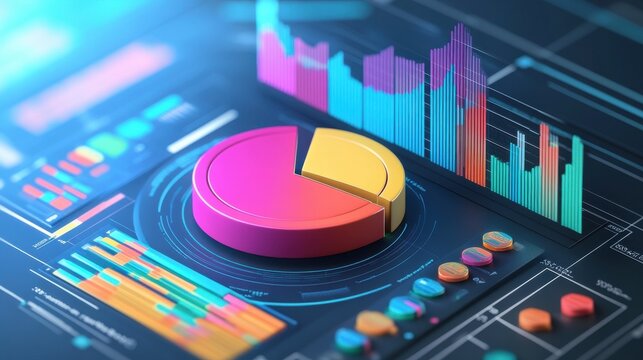 Business abstract infographics with 3d pie info char and graph bar. Business chart and diagram report info, infochart layout. Vector illustration