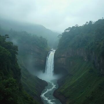Scenic Kote Abbe Falls in Coorg Karnataka India. River flows through rich green valley. Misty atmosphere enhances natural beauty of landscapes, promoting tourism, travel. Nature park with majestic