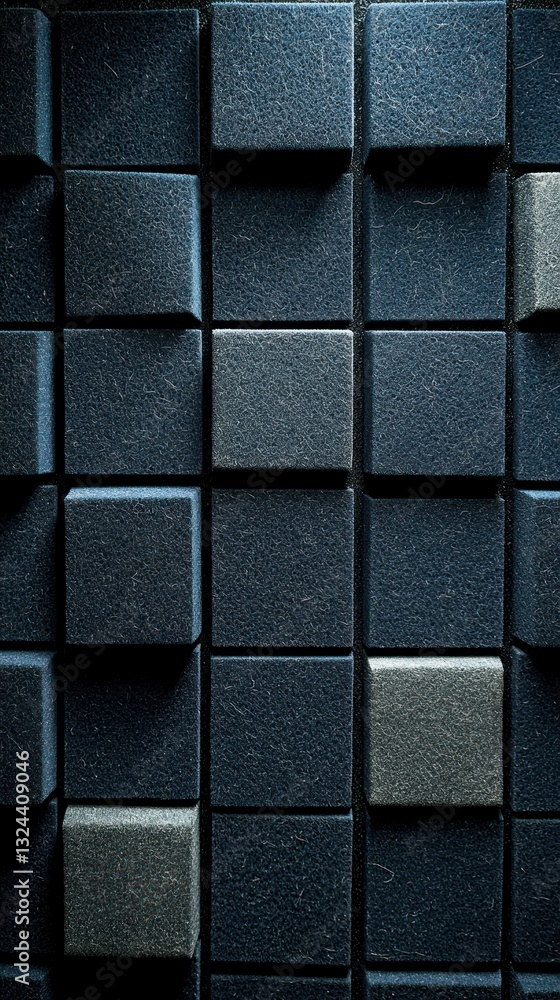 Poster textured dark cubes create 3d pattern; some contrast against the rest in color