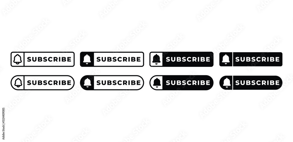 Poster subscribe buttons bell icons and text variations vector design black white color illustration set