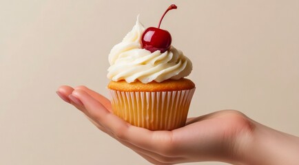 Female hand holding vanilla cupcake decorated with fresh cherry.