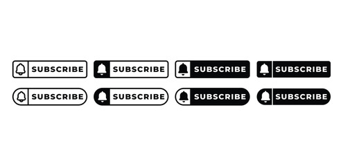 Subscribe Buttons Bell Icons and Text Variations Vector Design Black White Color Illustration Set