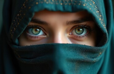 Fototapeta premium Close-up of woman with green eyes in emerald muslim burqa. Portrait of islamic arabian beauty with covered face, eastern fashion style, exotic appearance. Mysterious female gaze.