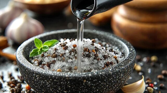 Pouring liquid over a bowl of mixed spices and salt with garlic nearby