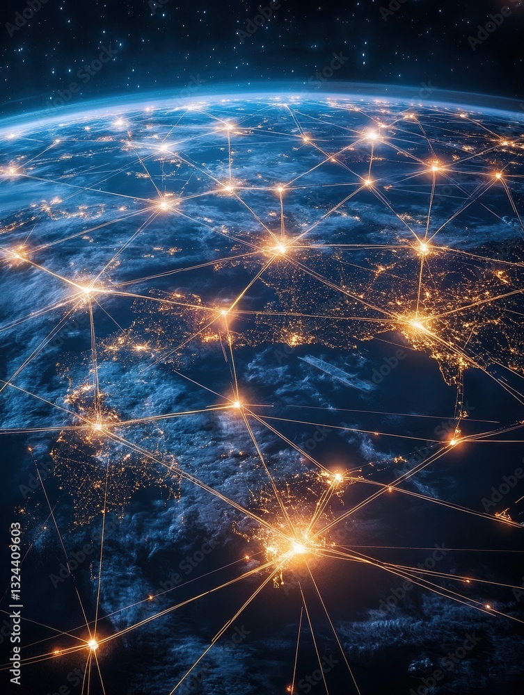 Poster aerial view of a glowing global trade network with interconnected routes and hubs visualizing the wo