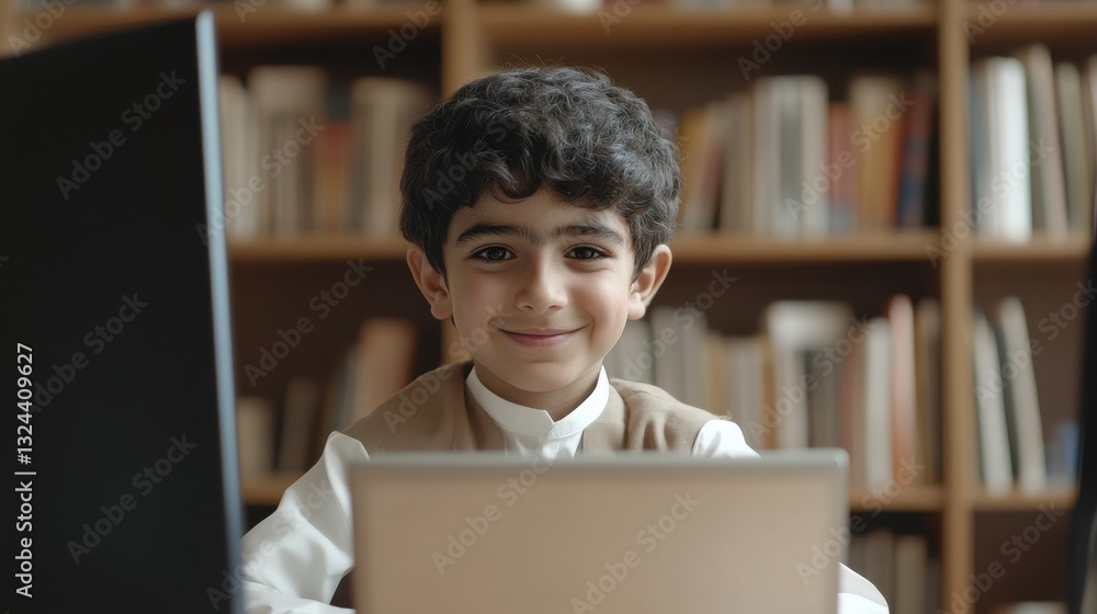 Poster young happy schoolboy using computer. arab child learning to use computer at elementary school. port