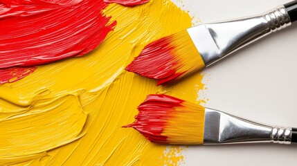 Fototapeta premium Closeup of a paintbrush on white surface, ready for artistic expression and painting.