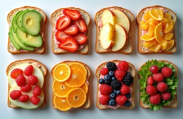 Top view of sliced breakfast bread with toppings. There are seven types of sandwiches with fruits like strawberry, apple, orange, avocado, berries and green leaves. Healthy nutrition and diet concept.