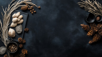 Naklejka premium A black background with a variety of food items including nuts, potatoes