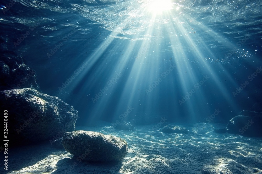 Poster glimpse of the ocean floor with sunbeams cascading through structures.