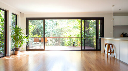 Obraz premium Bright Modern Living Room Interior With Wooden Floor And Large Windows Overlooking Green Trees And Natural Light