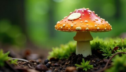Orange-colored toadstool with a white spot on the cap in the forest, orange, mycology