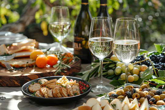 wine tasting event, couples celebrating national wine day with a gourmet spread of appetizers and chilled white wine sparkling in the sunlight cheers