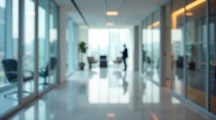 Fototapeta premium Blurred Bokeh Image Of Professional Man Walking Through Blurred Corporate Hallway Businessman Silhouette In Modern Office Building Glass Interior Bokeh Effect Background Defocused Workplace 