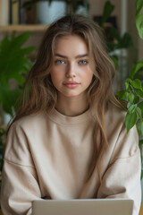 Fototapeta premium A woman with long brown hair is sitting in front of a laptop