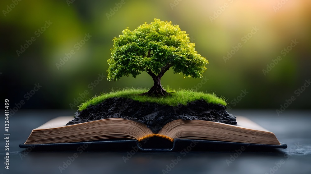 Poster vibrant flourishing tree emerging from the pages of an open hardcover book symbolizing the intertwin