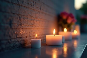 Soft light on memorial candles, warm glow on wall plaque, memory, wall, peaceful