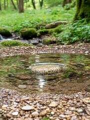 Serene forest stream with stone resting beneath clear flowing water
