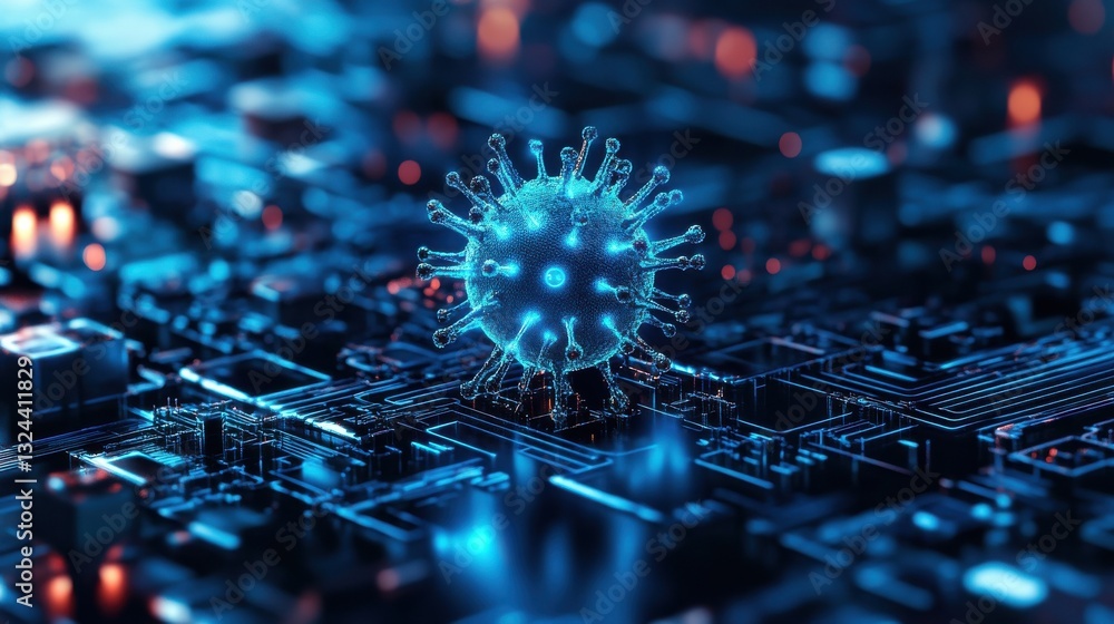 Poster endpoint security concept in cybersecurity: blue micro scheme symbolizing complex digital network co