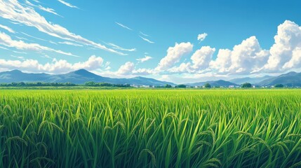 Naklejka premium A vast green rice field during the growing season, with tall, vibrant green stalks swaying in the breeze under a bright blue sky.